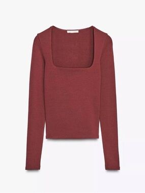 Zara Ribbed Square-Neck Long Sleeve Top - Deep Burgundy